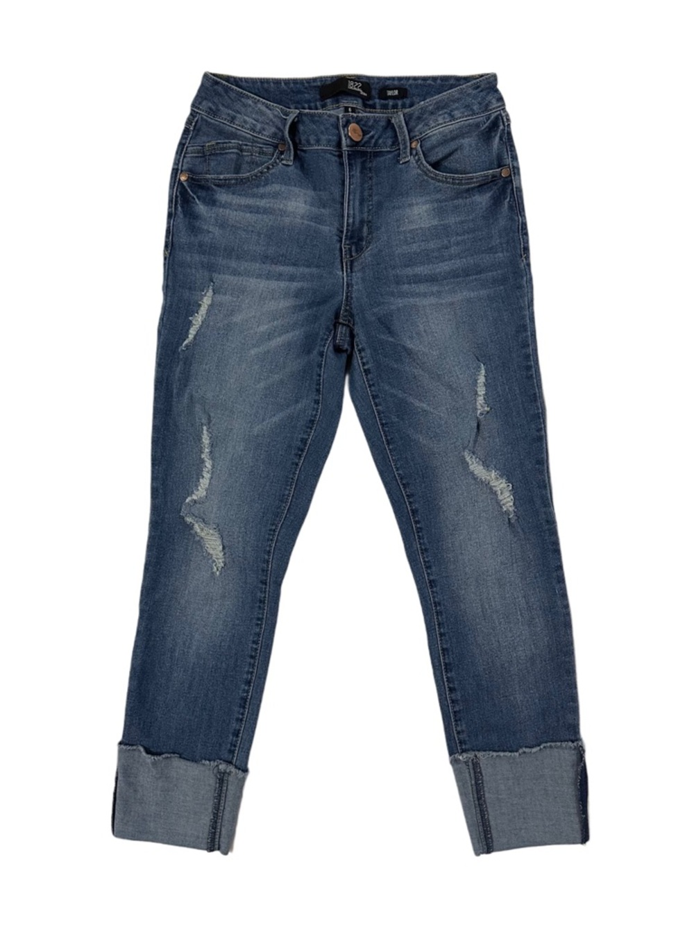 1822 Denim Taylor Jeans Size 6 Distressed Cuffed Hem Crop Stretch Mid Rise